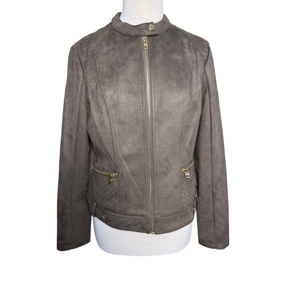 Marc New York SOFT Womens Faux Suede Moto‎ Jacket Taupe Brown Size M